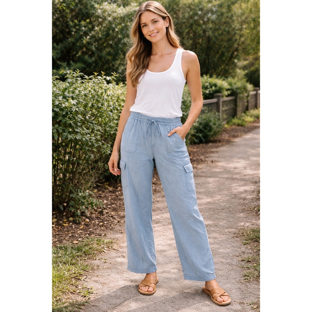 J.Crew Cargo Pants Women 18 Light Blue Chambray Wide Leg Minimalist Capsule Boho
